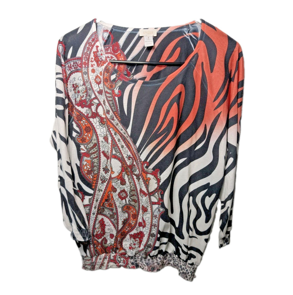 Chicos Scarlet Sun Embellished Smocked Top Shirt Womens Size 1 Medium Artsy Boho